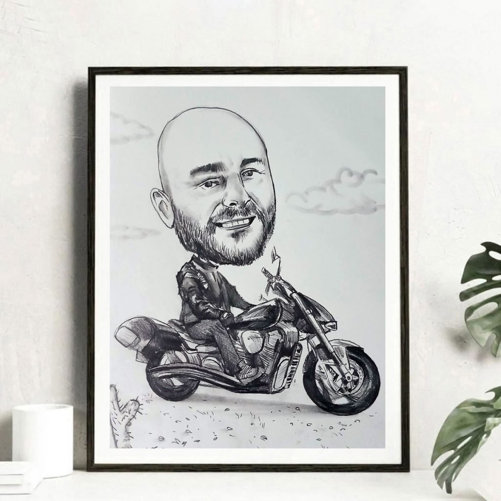 karykatura z motocyklem, karykatura na motorze