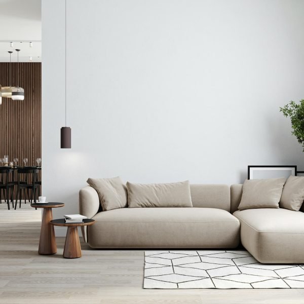 Minimalist modern living room interior background, living room mock up in scandinavian style, empty wall mockup, 3d rendering